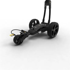 Schwarzer elektrischer Golf Trolley mit drei Rädern auf hellem Hintergrund