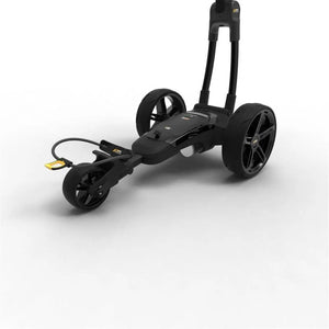 Schwarzer elektrischer Golf Trolley mit drei Rädern auf hellem Hintergrund