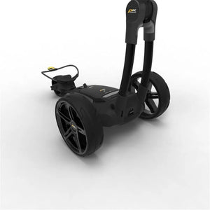 Schwarzer elektrischer Golf Trolley mit großen Rädern auf weißem Hintergrund, modernes Design