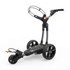 Elektrischer Golf Trolley in Gun Metal mit drei Rädern auf weißem Hintergrund