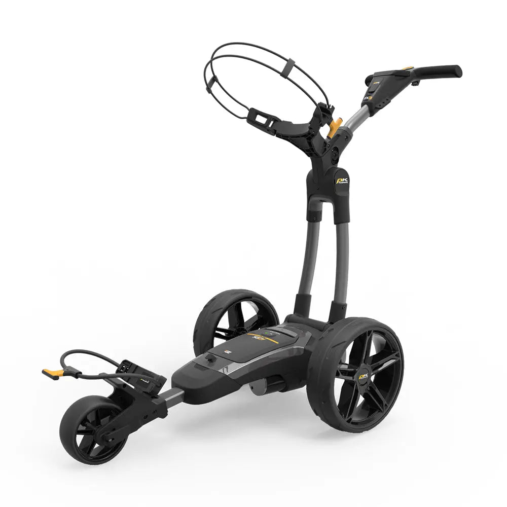Elektrischer Golf Trolley in Gun Metal mit drei Rädern auf weißem Hintergrund