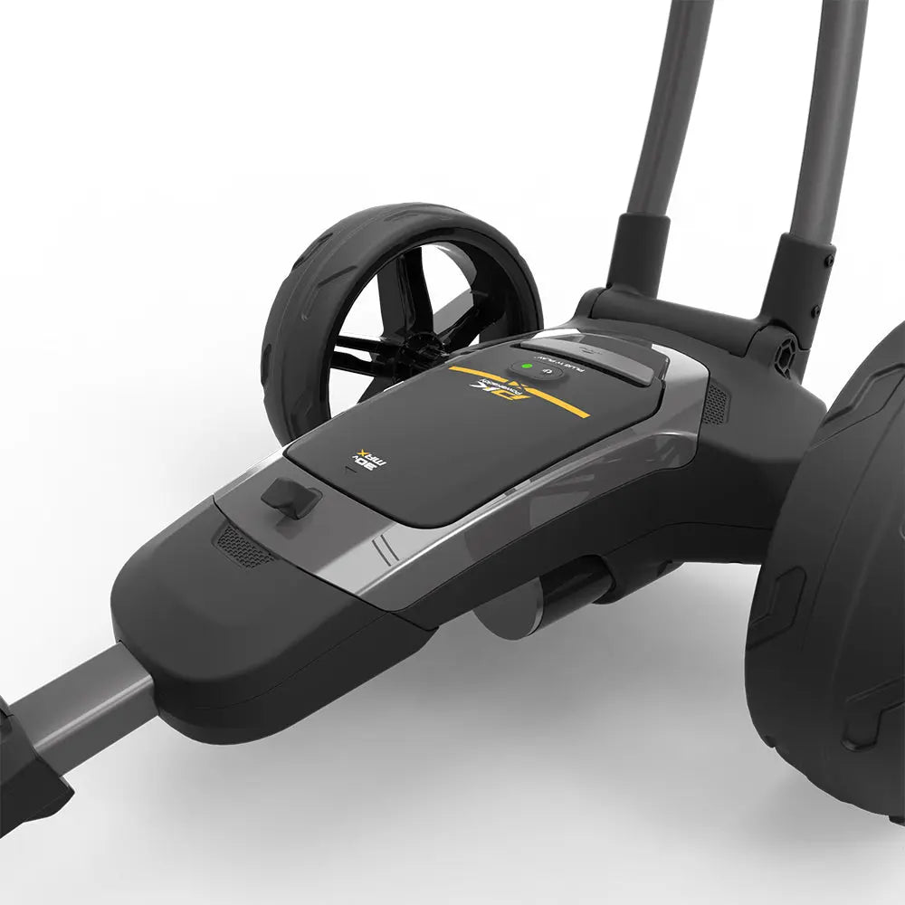Elektrischer Golf Trolley in Gunmetal-Grau, moderne große Räder, Detailansicht