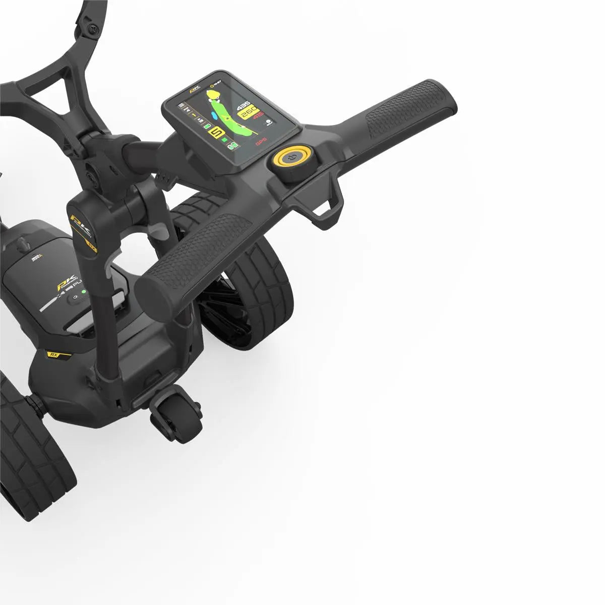 Elektrischer Golf Trolley mit GPS Display und Robustem Lenker auf weißem Hintergrund