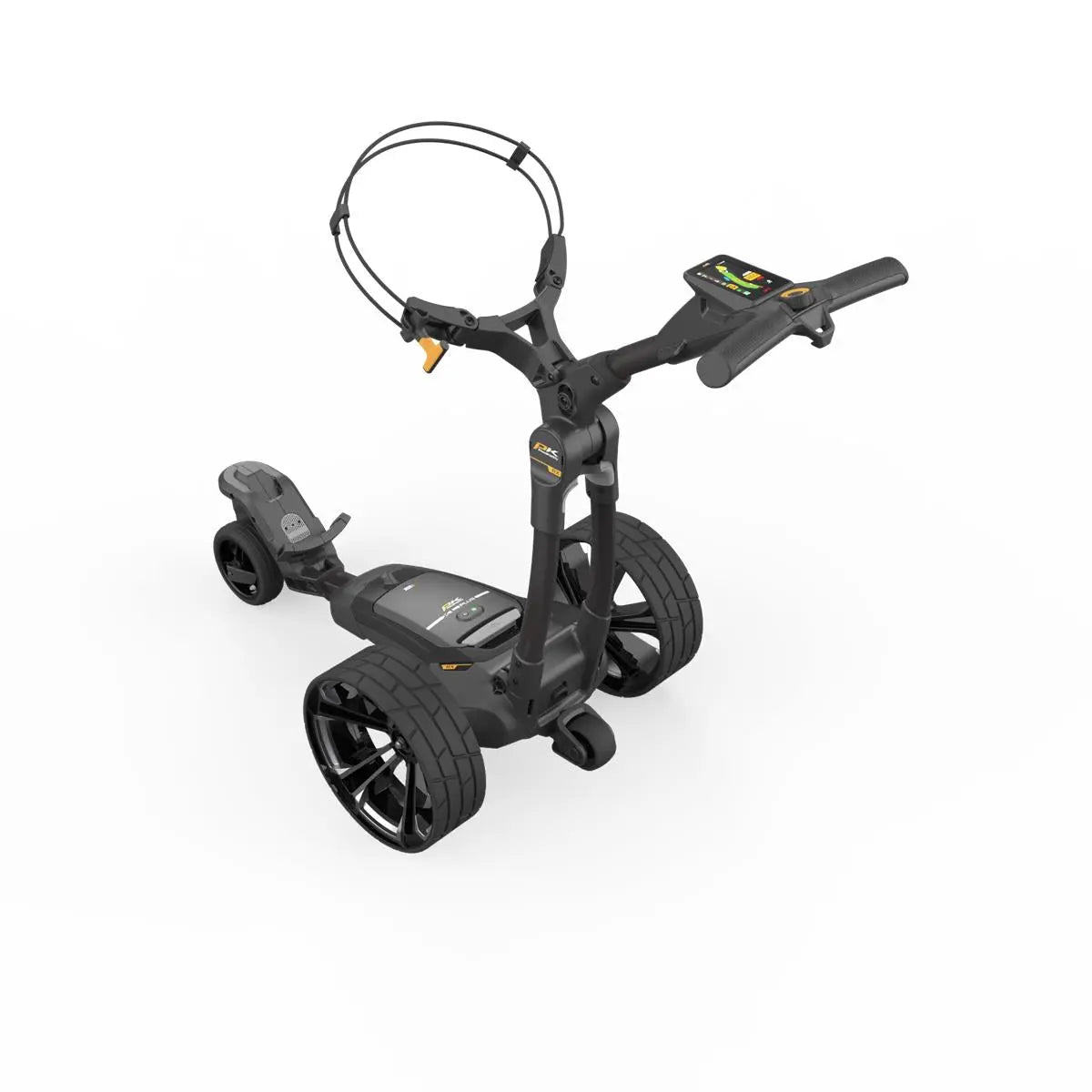 Elektrischer Golf E-Trolley mit GPS, Fernbedienung und schwarzem Rahmendesign auf weißem Hintergrund