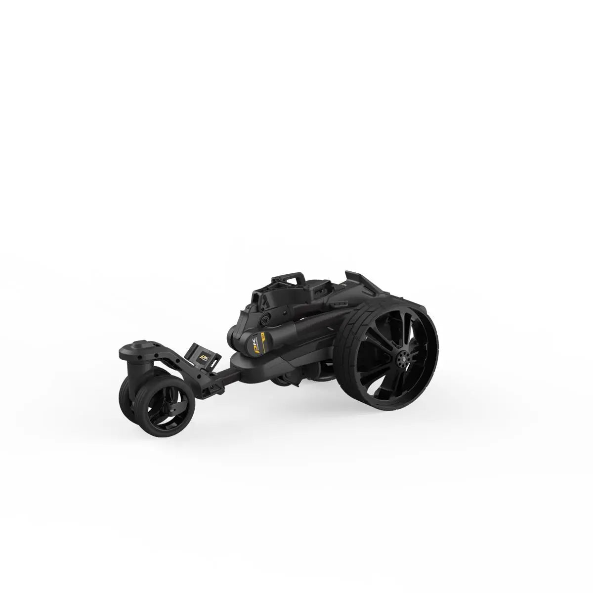 Schwarzer, zusammengeklappter Elektro-Golf Trolley mit großen Rädern auf weißem Hintergrund