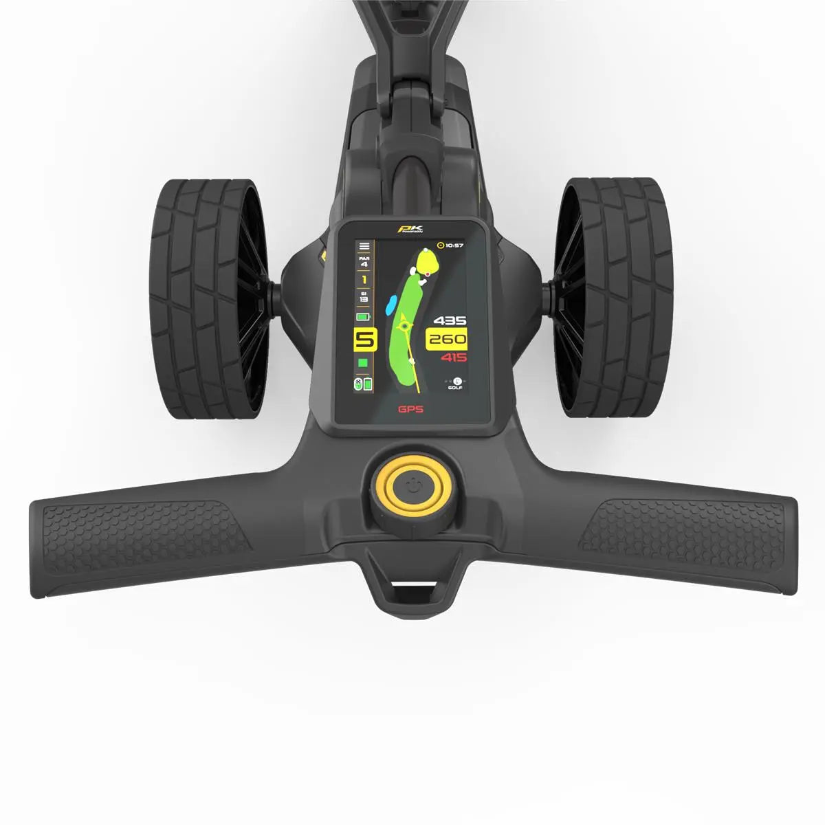 Golf E-Trolley Steuerung mit großem GPS-Display und robusten schwarzen Griffen