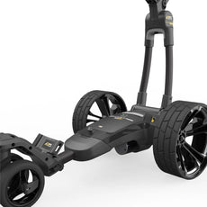 Schwarzer elektrischer Golf-Trolley mit robusten Rädern auf weißem Hintergrund