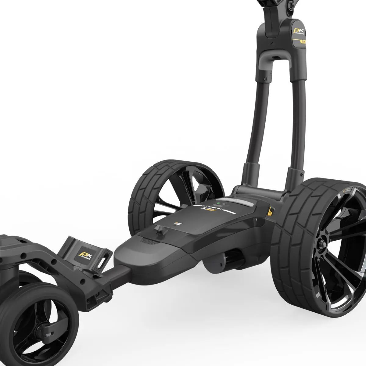 Schwarzer elektrischer Golf-Trolley mit robusten Rädern auf weißem Hintergrund