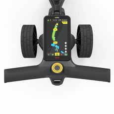 Golf E-Trolley Griff mit integriertem GPS-Display und schwarzen Reifen, Golfzubehör