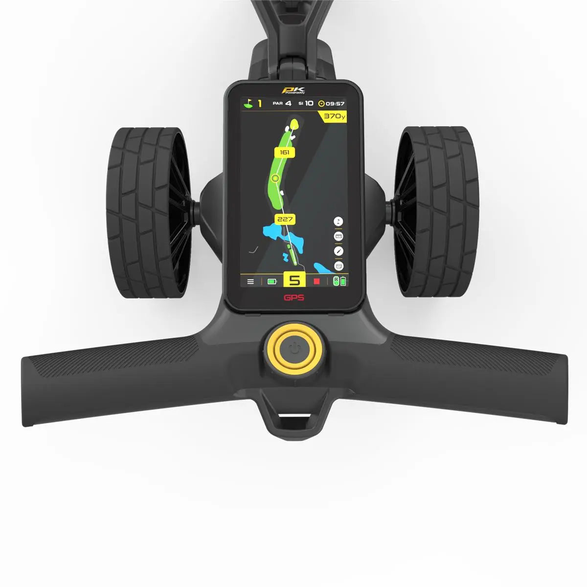 Golf E-Trolley Griff mit integriertem GPS-Display und schwarzen Reifen, Golfzubehör