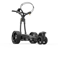 Moderner schwarzer Elektro-Golftrolley mit großen Rädern und stabilem Rahmen auf weißem Hintergrund