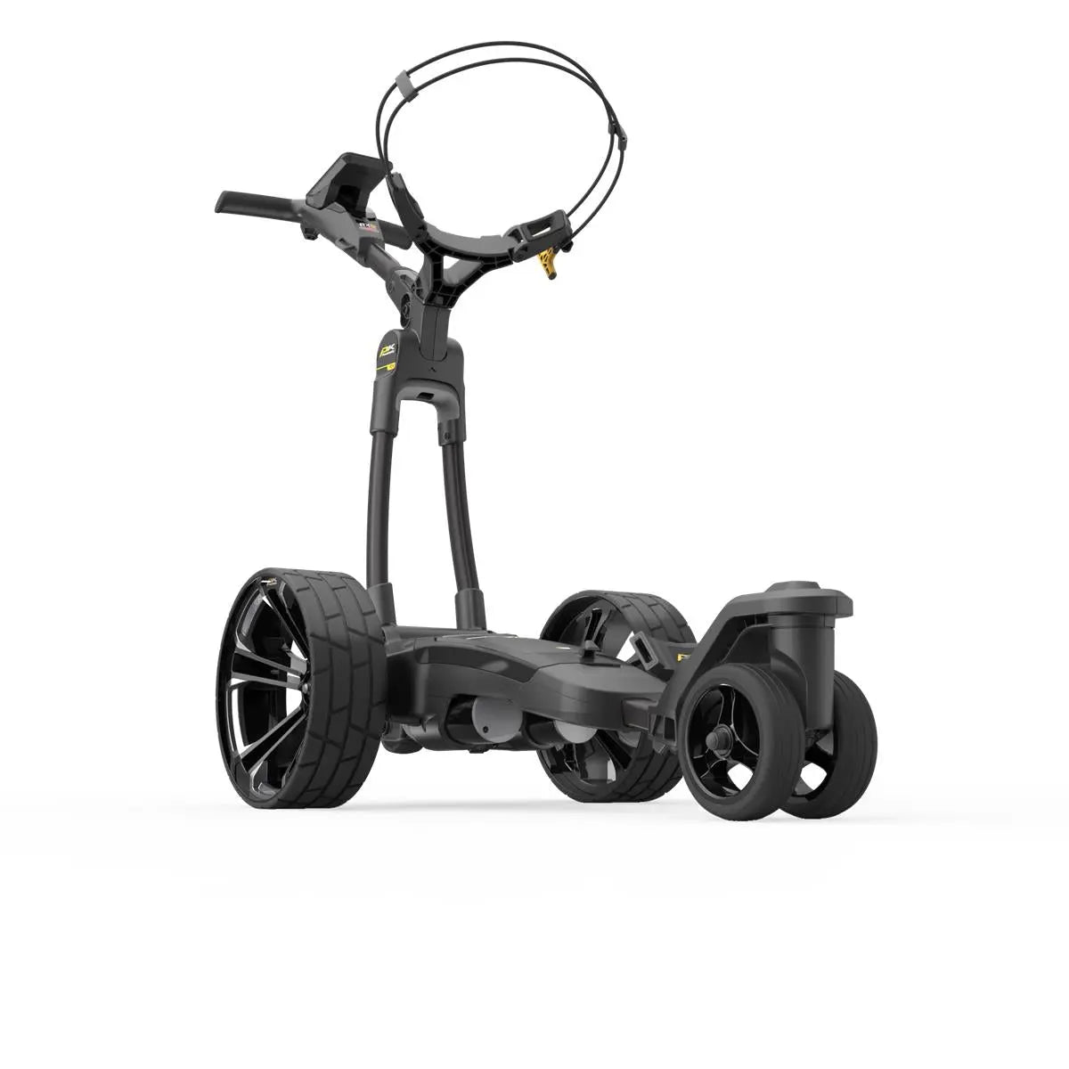 Moderner schwarzer Elektro-Golftrolley mit großen Rädern und stabilem Rahmen auf weißem Hintergrund