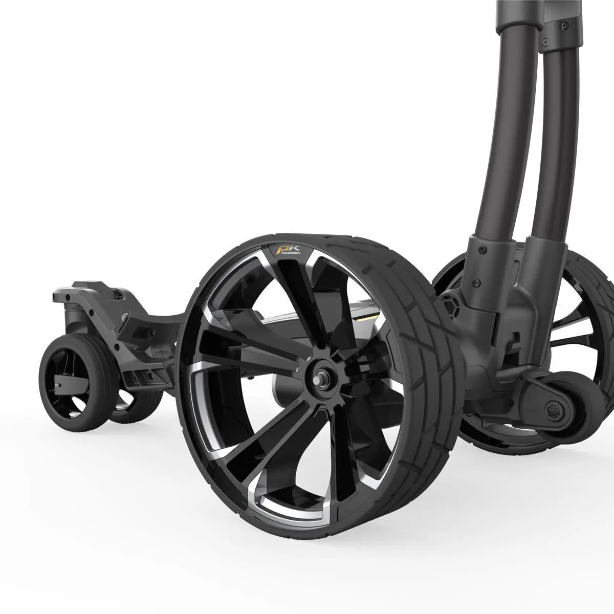 Detailaufnahme schwarze Hinterräder E-Trolley Golfwagen, stabile Felgen, modernes Design