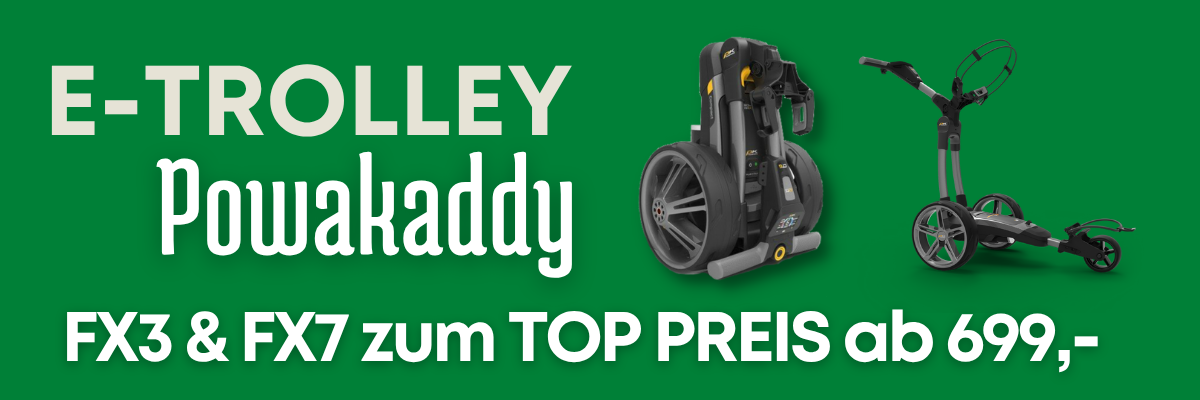 Powakaddy E-Trolley FX3 und FX7, moderner elektrischer Golftrolley, grünem Hintergrund