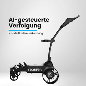 Elektrischer Golf Trolley in Schwarz, modernes Design, drei Räder, seitliche Ansicht