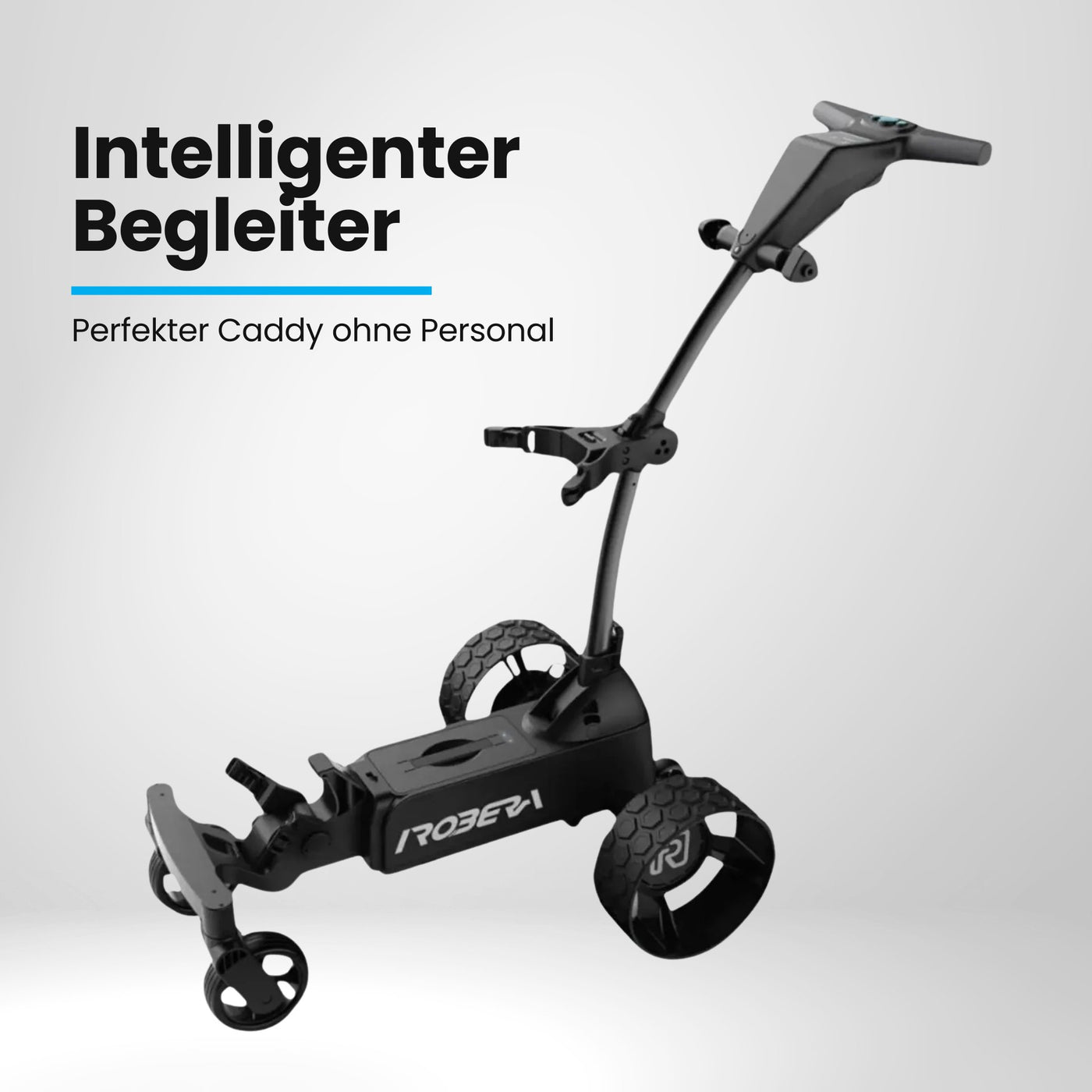 Moderner elektrischer Golf Trolley mit drei Rädern und stabilem Griff vor weißem Hintergrund