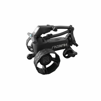 Zusammengeklappter E-Trolley für Golf, modernes schwarzes Design, robuste Profilreifen