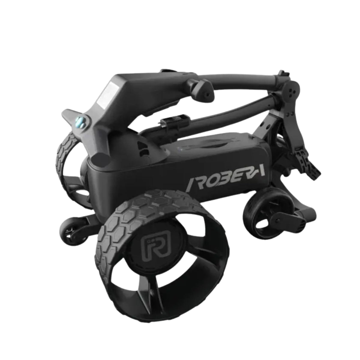 Zusammengeklappter E-Trolley für Golf, modernes schwarzes Design, robuste Profilreifen