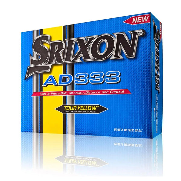 Srixon AD333 Tour Yellow Golfbälle Verpackung in Blau und Gelb, Vorderseite, Text sichtbar