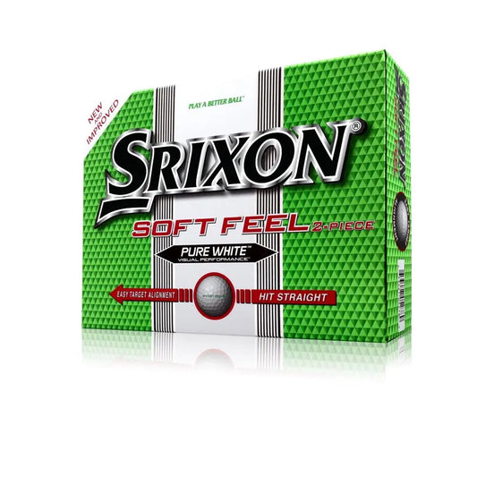 Srixon Soft Feel Golfbälle Pure White 2-teilig in grüner Verpackung, Golfball-Logo sichtbar