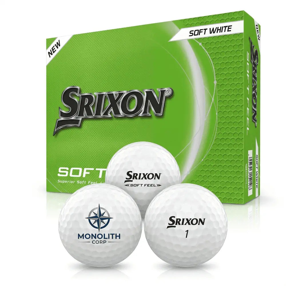 Srixon Soft Feel weiße Golfbälle mit Logo und grüner Verpackung, Close-up