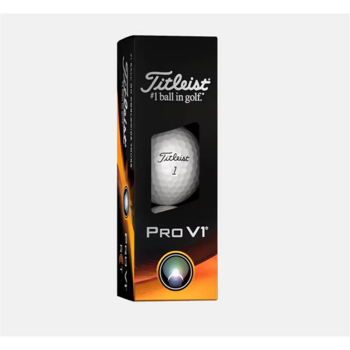 Titleist Pro V1 Golfball RCT in schwarzer Verpackung, Vorderansicht, Golfzubehör