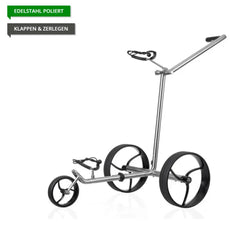 Moderner E-Trolley aus poliertem Edelstahl, klappbar, mit drei großen schwarzen Rädern.