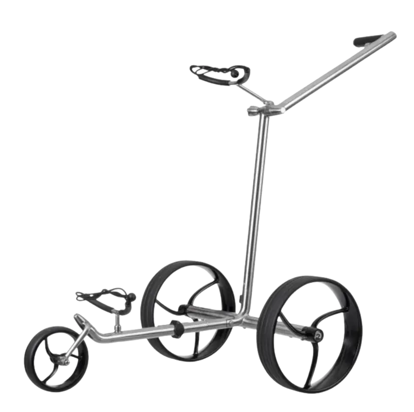 Moderner E-Trolley aus poliertem Edelstahl, klappbar, mit drei großen schwarzen Rädern.