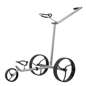 Moderner E-Trolley aus poliertem Edelstahl, klappbar, mit drei großen schwarzen Rädern.