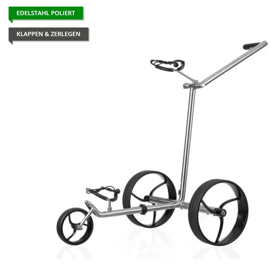 Moderner E-Trolley aus poliertem Edelstahl, klappbar, mit drei großen schwarzen Rädern.