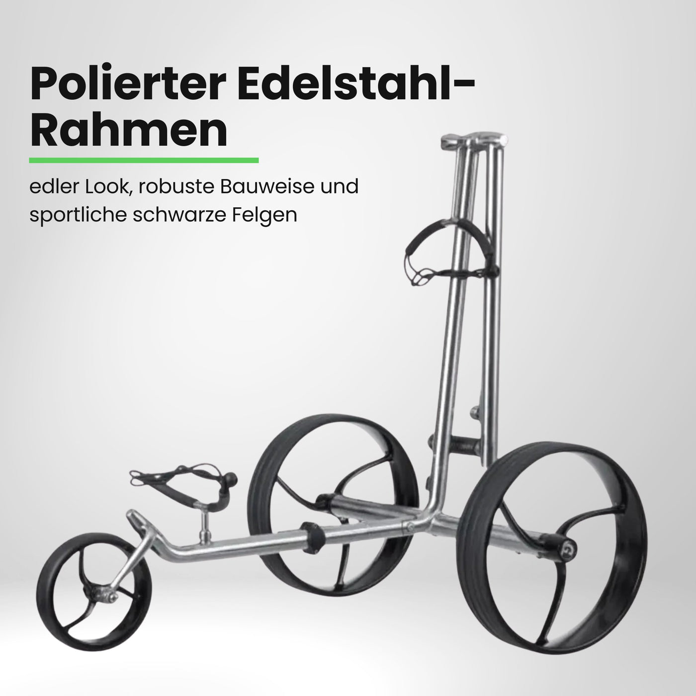 Moderner Edelstahl Golf E-Trolley mit drei großen Rädern und verstellbarer Halterung
