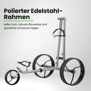 Moderner Edelstahl Golf E-Trolley mit drei großen Rädern und verstellbarer Halterung