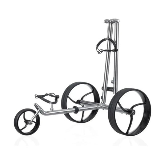 Moderner Edelstahl Golf E-Trolley mit drei großen Rädern und verstellbarer Halterung