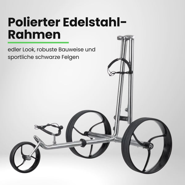 Moderner Edelstahl Golf E-Trolley mit drei großen Rädern und verstellbarer Halterung
