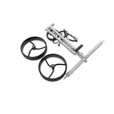 Zerlegter Edelstahl Golf E-Trolley mit zwei schwarzen Rädern und Kabel, auf weißem Hintergrund.