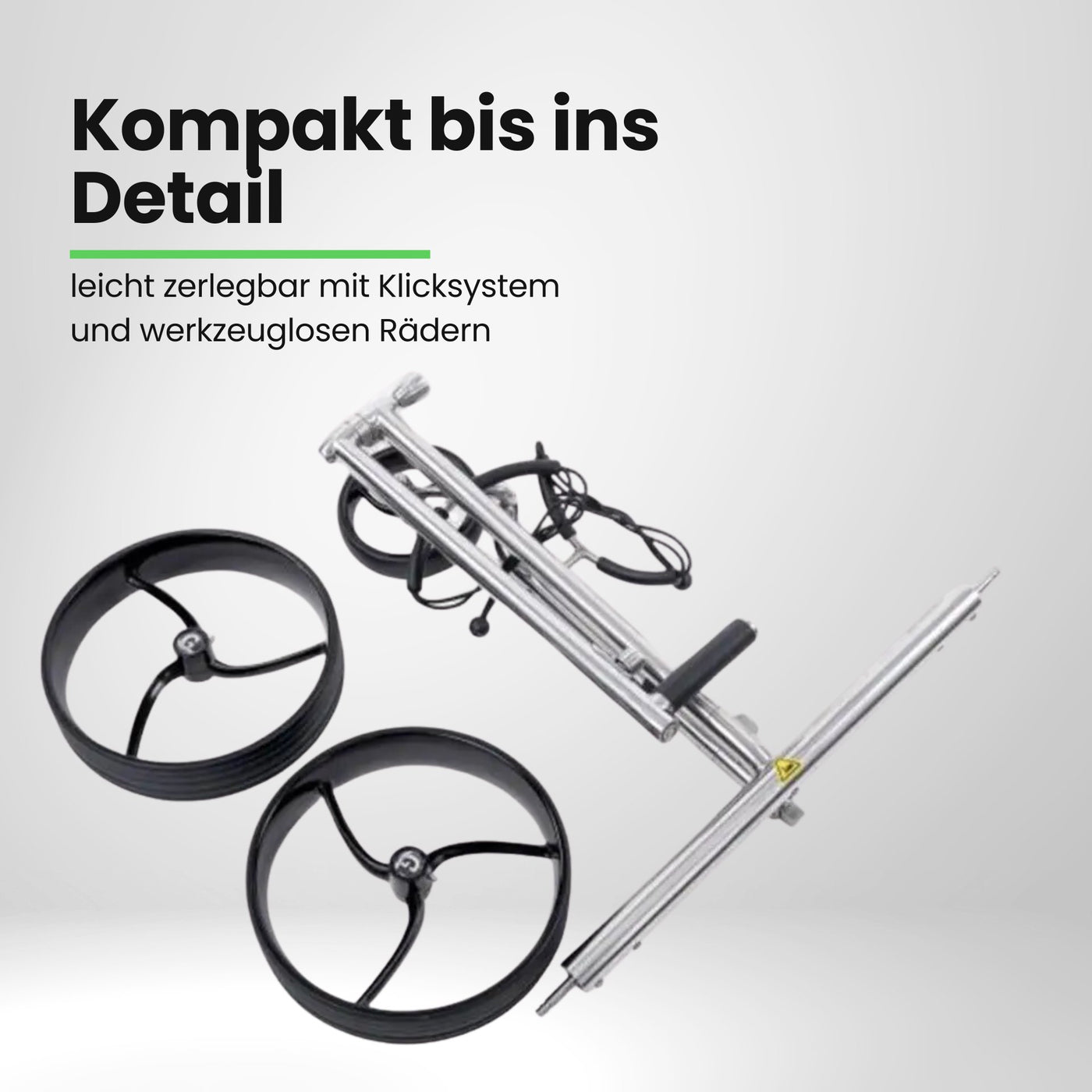 Zerlegter Edelstahl Golf E-Trolley mit zwei schwarzen Rädern und Kabel, auf weißem Hintergrund.