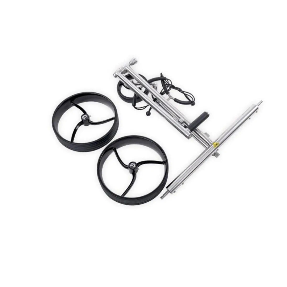 Zerlegter Edelstahl Golf E-Trolley mit zwei schwarzen Rädern und Kabel, auf weißem Hintergrund.