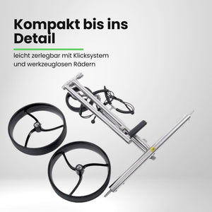 Zerlegter Edelstahl Golf E-Trolley mit zwei schwarzen Rädern und Kabel, auf weißem Hintergrund.