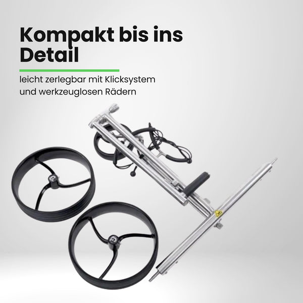 Zerlegter Edelstahl Golf E-Trolley mit zwei schwarzen Rädern und Kabel, auf weißem Hintergrund.