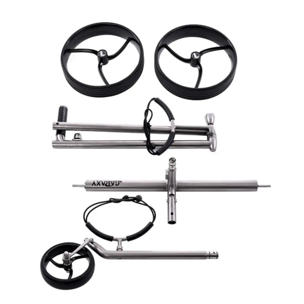 Zerlegter Titan E-Trolley für Golf, drei Speichenräder, silberne Gestellteile, Zubehöransicht