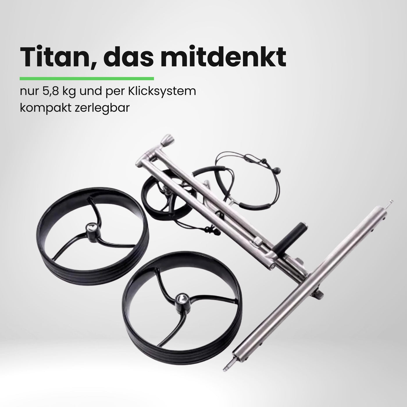 Trend Galaxy Titan E-Trolley Gestell und Räder aus Titan für Golfwagen, zerlegt, auf weißem Hintergrund