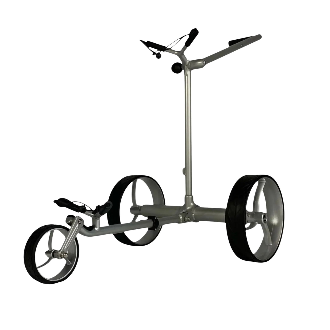 Moderner Elektro-Golf Trolley aus Aluminium mit drei großen Rädern, freigestellt