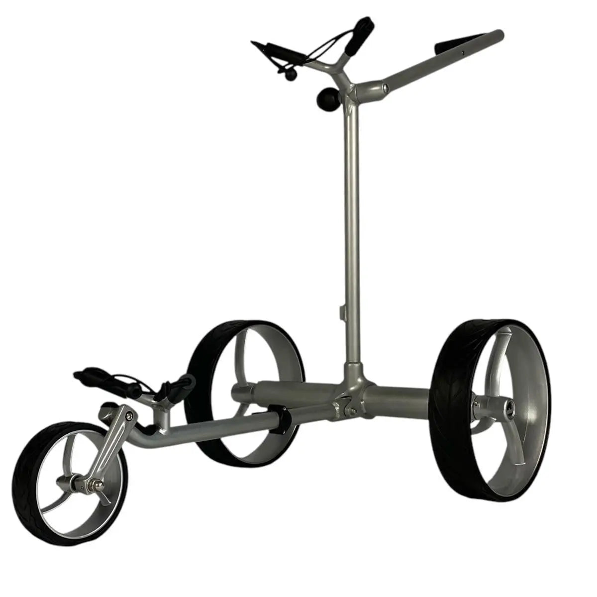 Moderner Elektro-Golf Trolley aus Aluminium mit drei großen Rädern, freigestellt