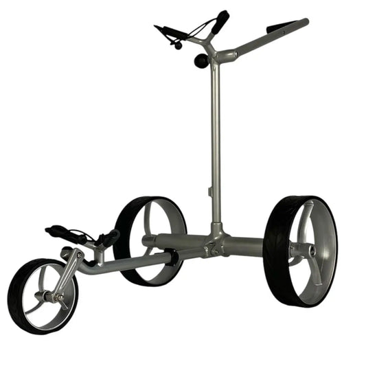 Moderner Elektro-Golf Trolley aus Aluminium mit drei großen Rädern, freigestellt
