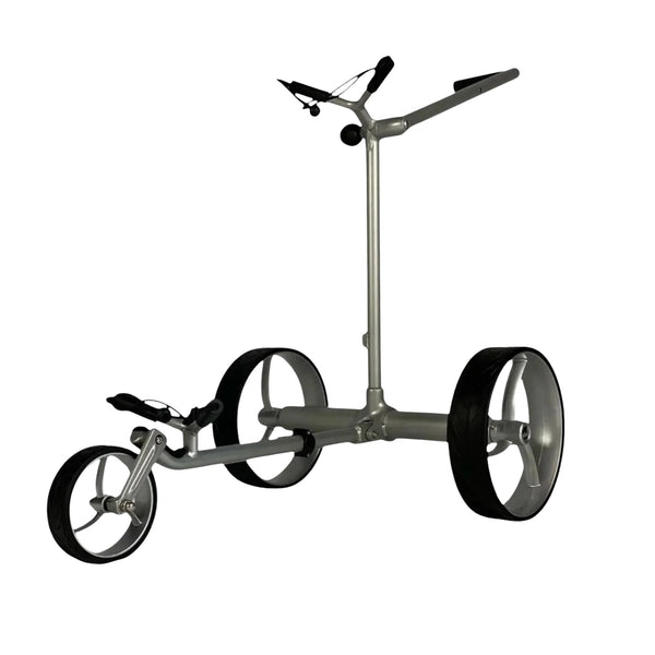 Moderner Elektro-Golf Trolley aus Aluminium mit drei großen Rädern, freigestellt