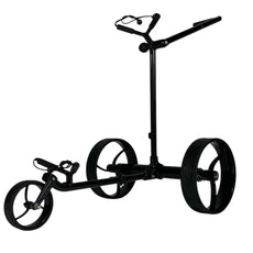 Schwarzer Elektro-Golf-Trolley mit drei Rädern und klappbarem Griff auf weißem Hintergrund