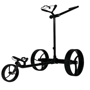Schwarzer Elektro-Golf-Trolley mit drei Rädern und klappbarem Griff auf weißem Hintergrund
