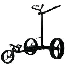 Schwarzer Elektro Golf Trolley mit drei Rädern, modernes Design auf weißem Hintergrund