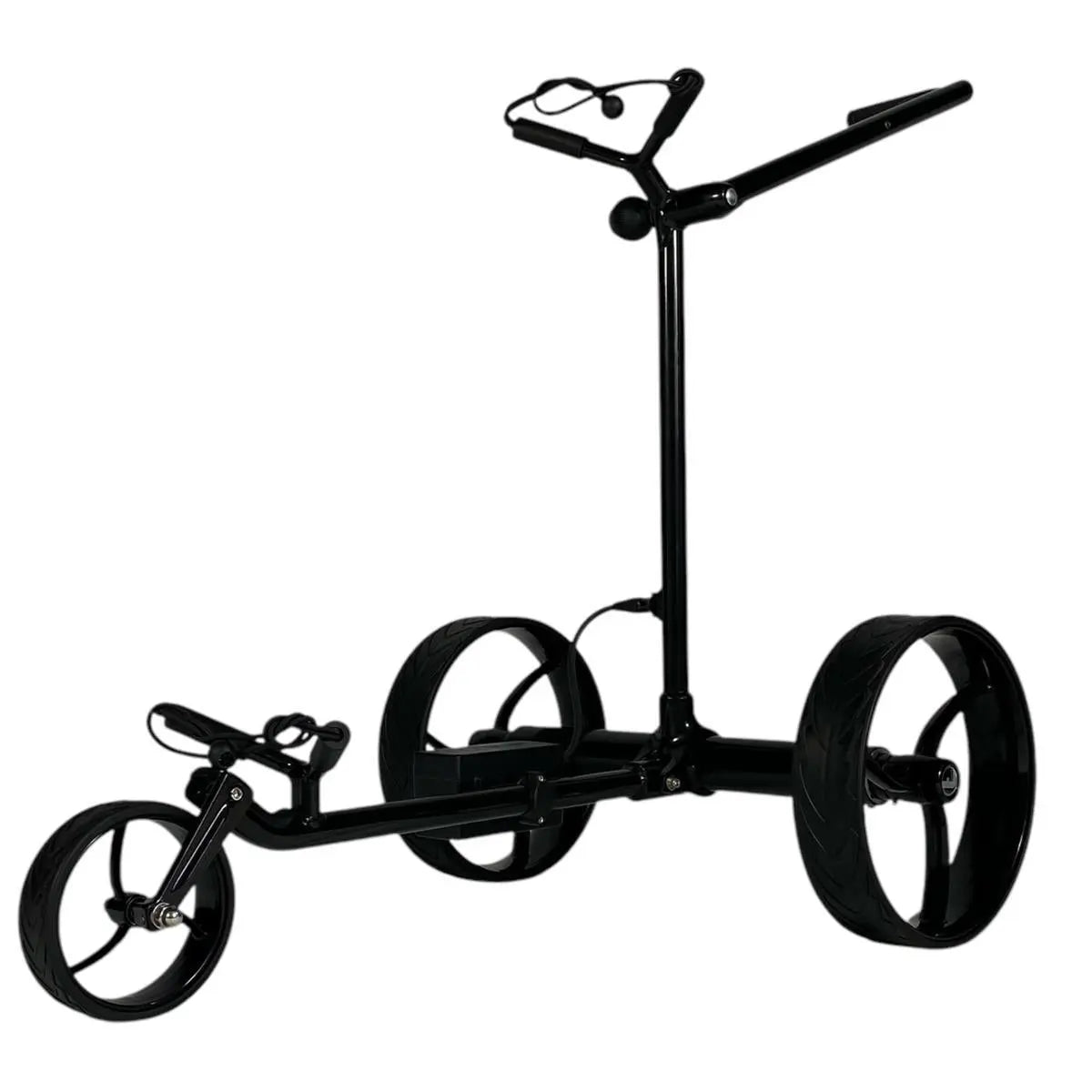Schwarzer Elektro Golf Trolley mit drei Rädern, modernes Design auf weißem Hintergrund