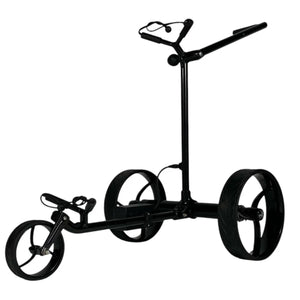 Schwarzer Elektro Golf Trolley mit drei Rädern, modernes Design auf weißem Hintergrund